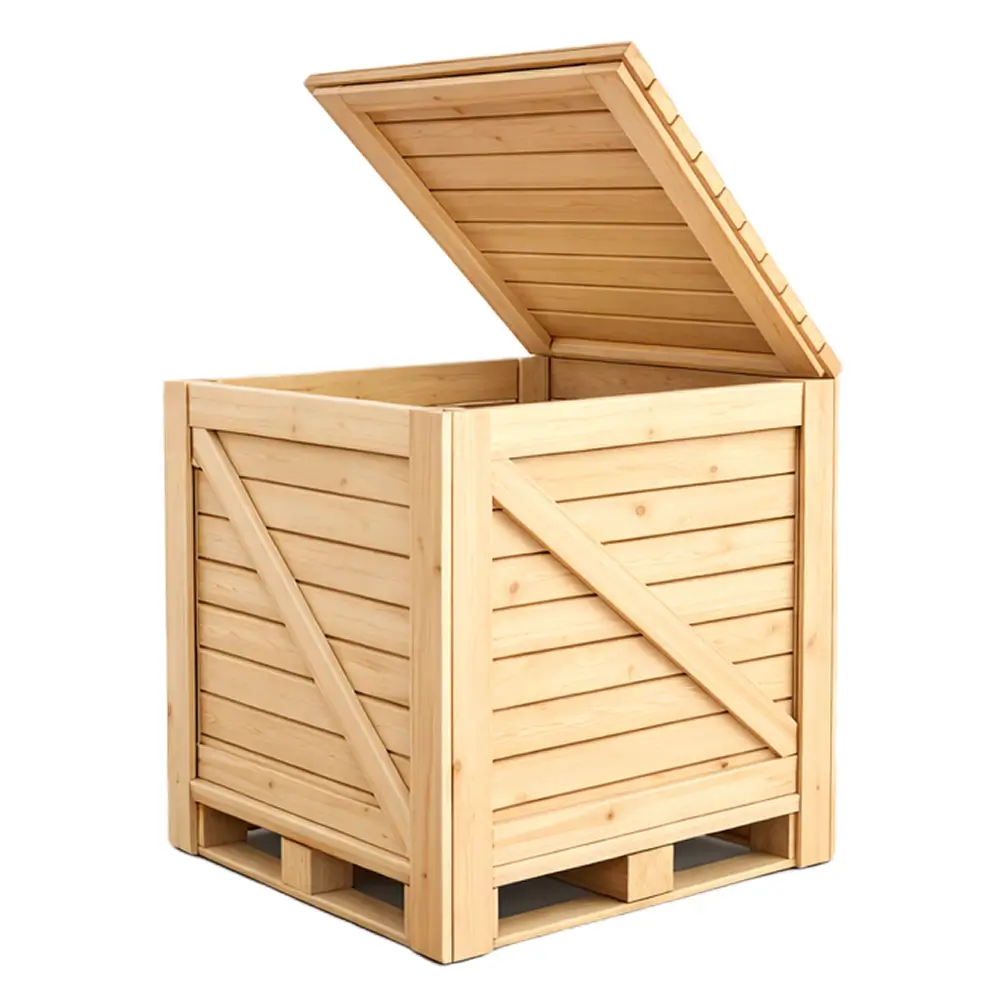 Caixa de madeira sob medida para exportação com tampa e base de pallet integrada