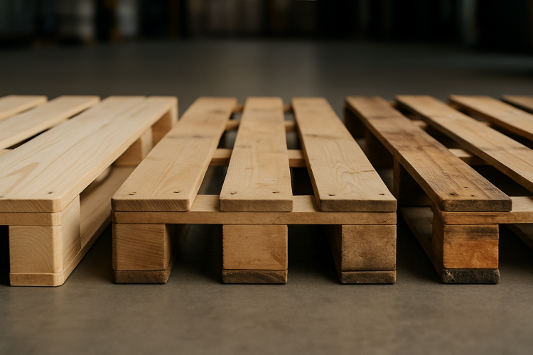 Três pallets PBR lado a lado: novo, seminovo e reformado, em armazém industrial