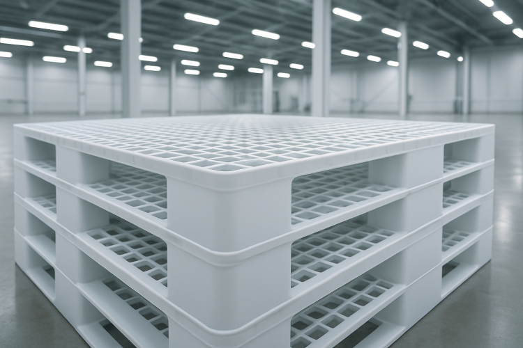 Pallets plásticos brancos empilhados em armazém industrial moderno