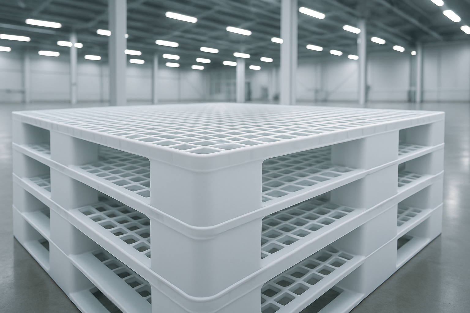Pallets plásticos brancos empilhados em armazém industrial moderno