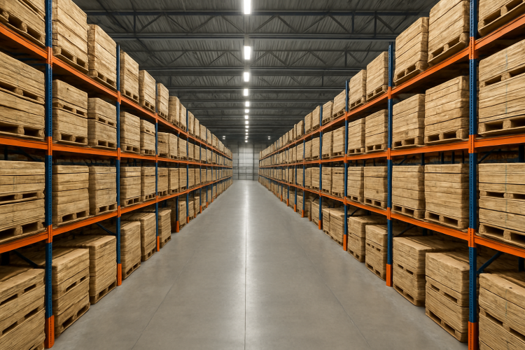 Armazém industrial organizado com pallets em racks para distribuição em São Paulo