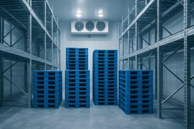 Pallets plásticos empilhados em câmara fria industrial