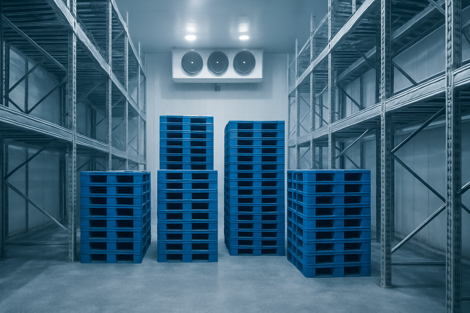 Pallets plásticos empilhados em câmara fria industrial