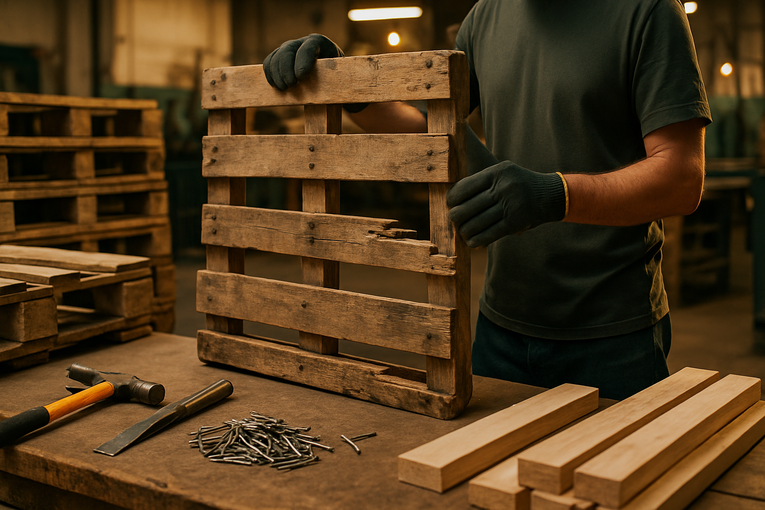 Reforma e manutencao de pallets de madeira em oficina industrial