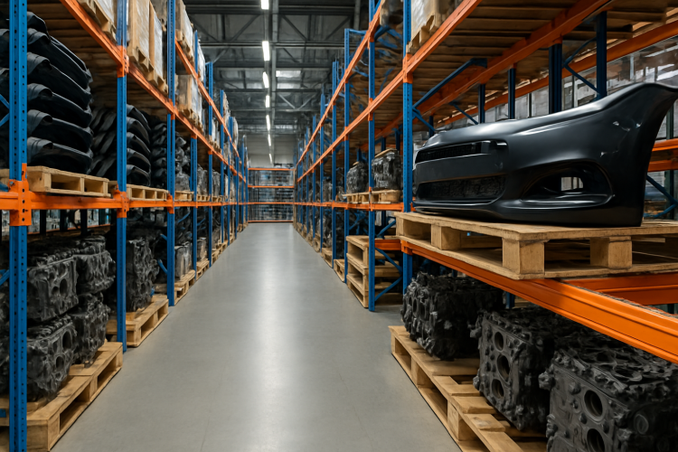 Pallets com pecas automotivas em armazem de distribuicao automotiva