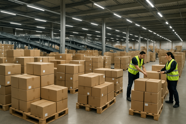 Centro de distribuição de e-commerce com pallets e caixas organizados para despacho