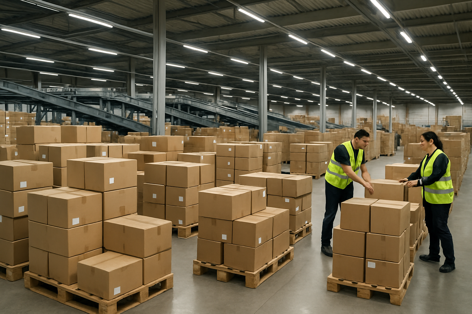 Centro de distribuição de e-commerce com pallets e caixas organizados para despacho