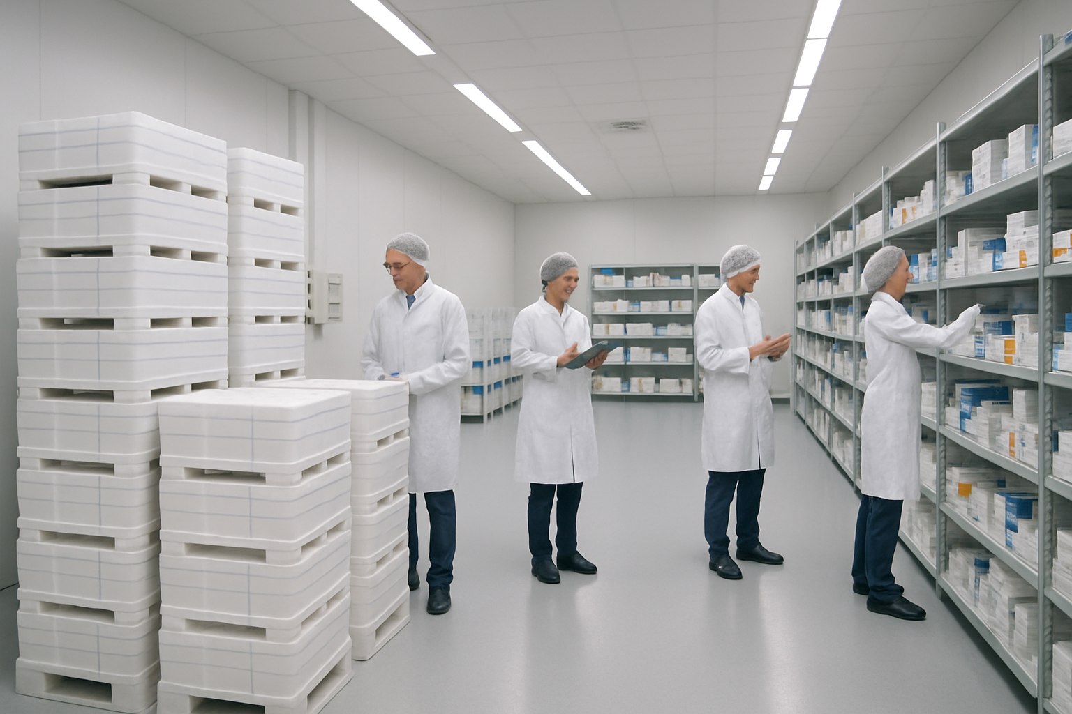 Galpão farmacêutico com pallets plásticos brancos em ambiente GMP controlado