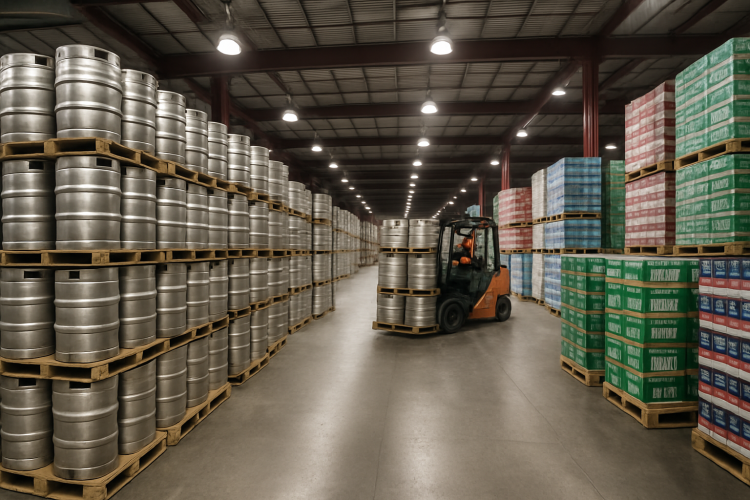 Galpão de distribuidora de bebidas com pallets e caixas de cerveja empilhadas