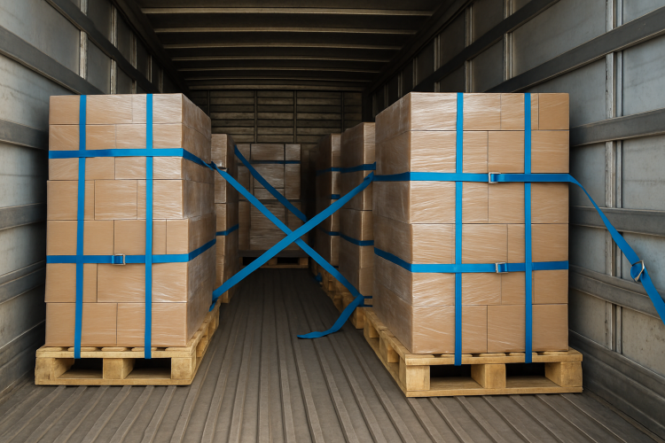 Interior de caminhão de carga com pallets amarrados e estabilizados para transporte rodoviário