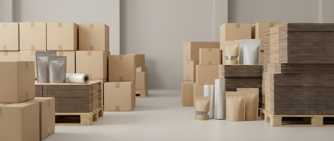 Caixas de papelão e materiais de embalagem em armazém