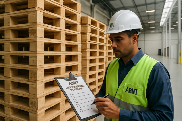 Inspeção de qualidade em pallets de madeira seguindo normas ABNT em galpão industrial
