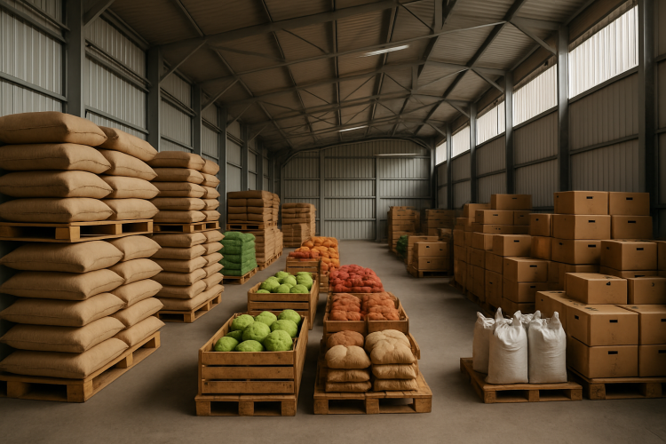 Pallets de madeira armazenando produtos agrícolas em galpão rural organizado