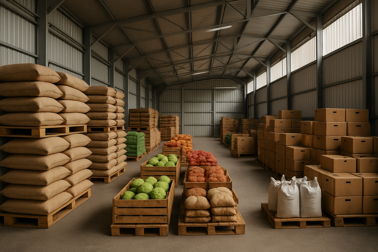 Pallets de madeira armazenando produtos agrícolas em galpão rural organizado