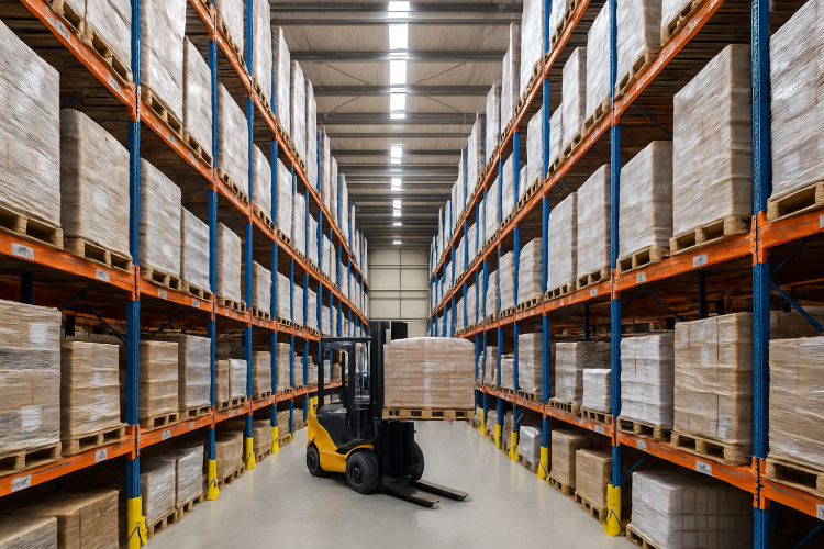 Galpão logístico organizado com porta-pallets e empilhadeira movimentando pallets
